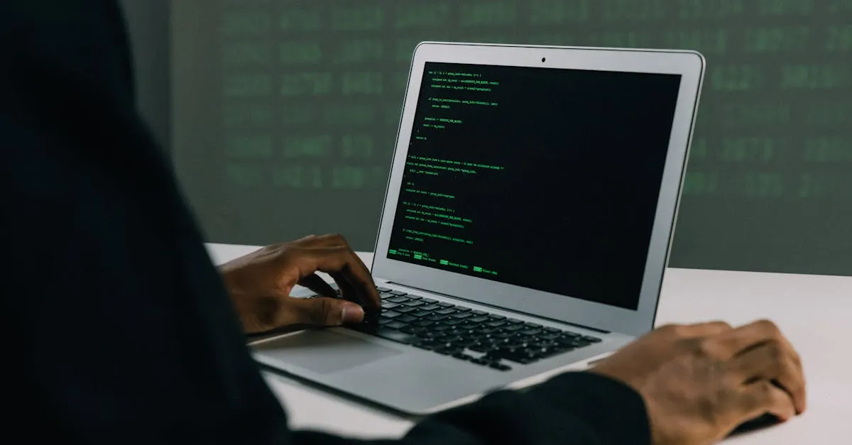 Developer working with binary data and encoding on a laptop screen
